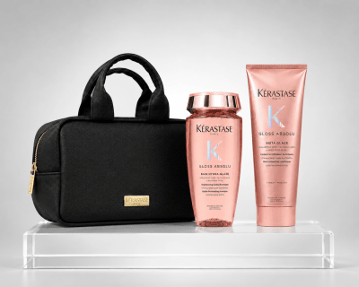 Kerastase Gloss Absolu pack shampoo Bain Hydra Glaze 250 ml + acondicionador Insta Glaze 250 ml + bolso