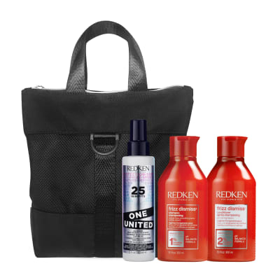 Pack Redken Frizz Dismiss – Shampoo 300 ml + Acondicionador 300 ml + One united 150ml Neceser de Regalo