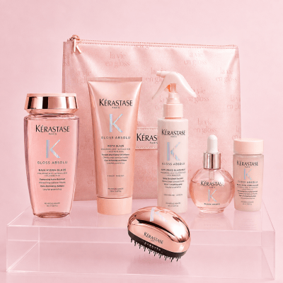 Kerastase Gloss Absolu pack shampoo 250 ml + acondicionador 250ml + glaze milk 240ml + Glaze drops 45ml + Travel + Neceser