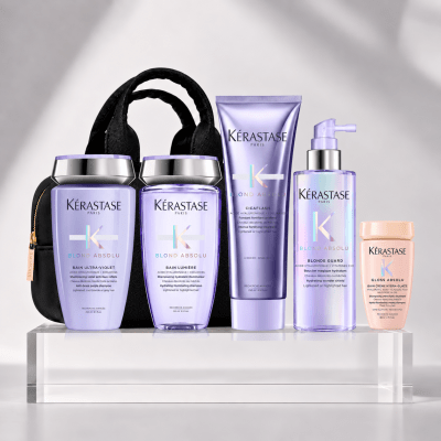 Kerastase Blond Absolu Pack Antiamarillo Shampoo 250 ml + Shampoo 250 ml + Cicaflash 250 ml + Blonde Guard 190 ml + Travel Size + Bolso