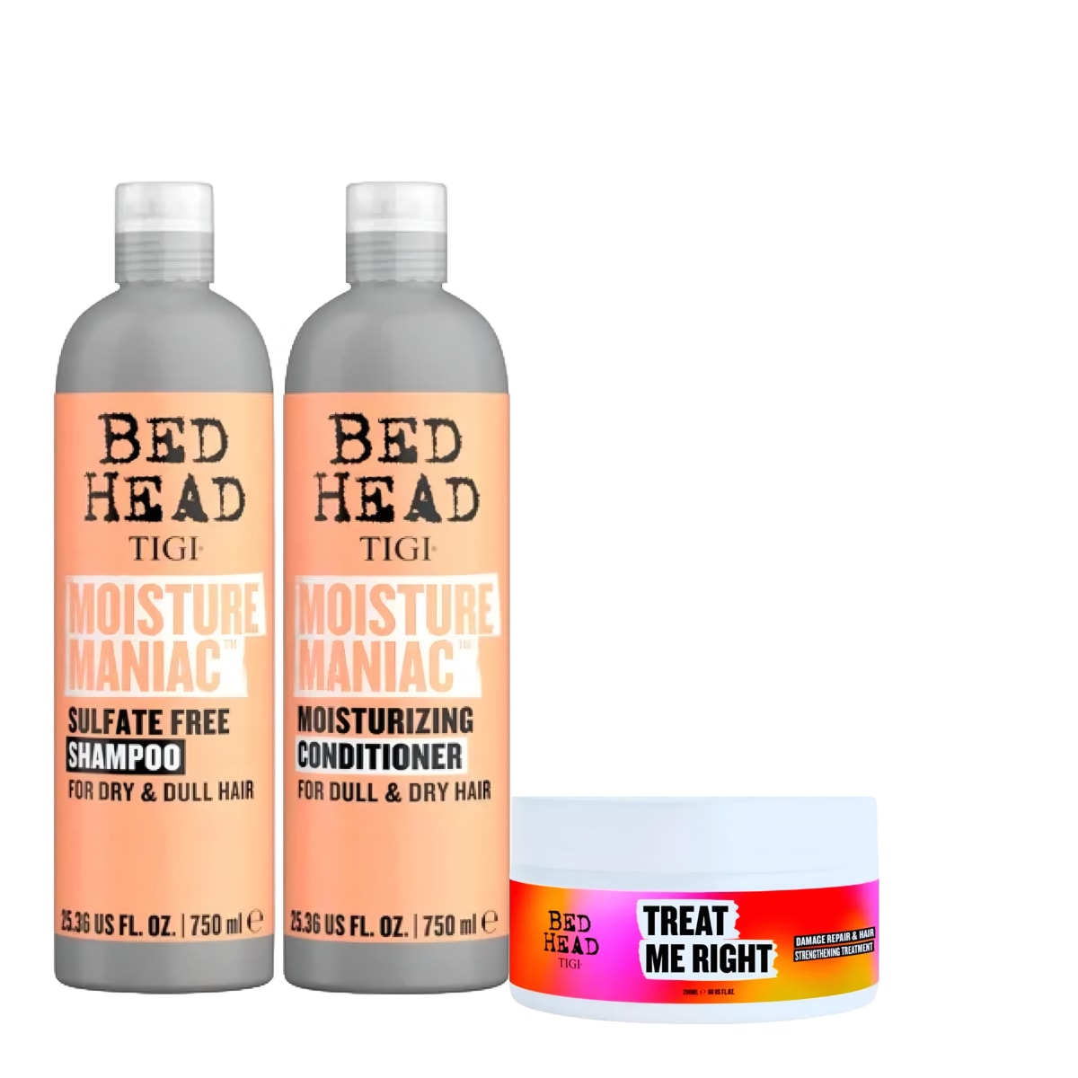 Pack TIGI Bed Head Moisture Maniac – Shampoo 750ml + Acondicionador 750ml+ Mascarilla Treat Me Right 200ml1