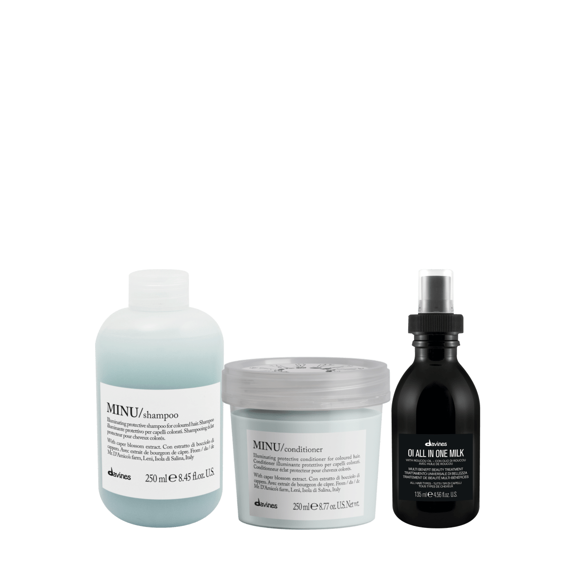 Davines Minu Pack Shampoo 250 ml + Acondicionador 250 ml + All In One Milk 135 ml Cabello Teñido1