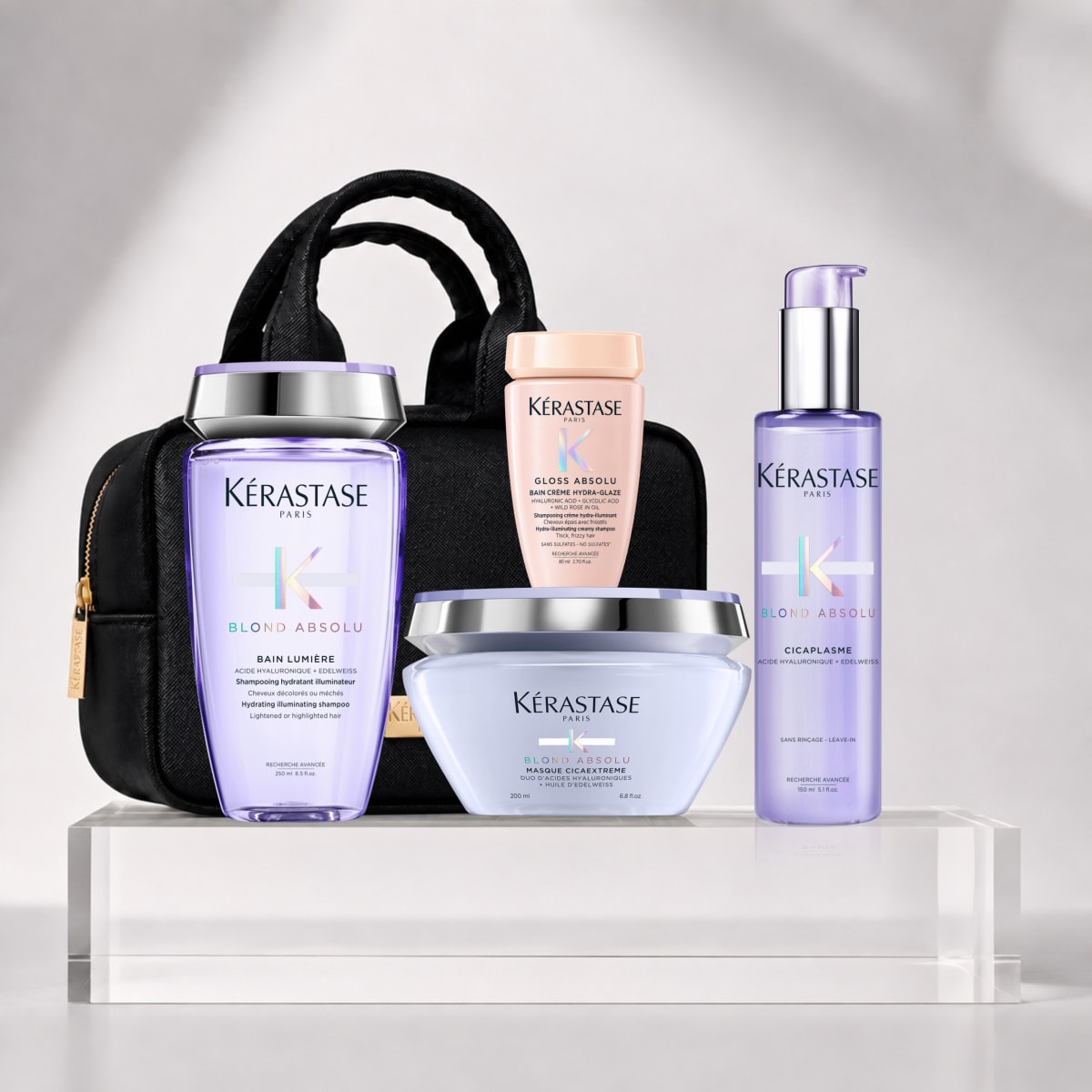 Kerastase Blond Absolu Pack Shampoo Lumiere 250ml + Mascarilla 200ml + Cicaplasme 150ml + Travel Size + Bolso1