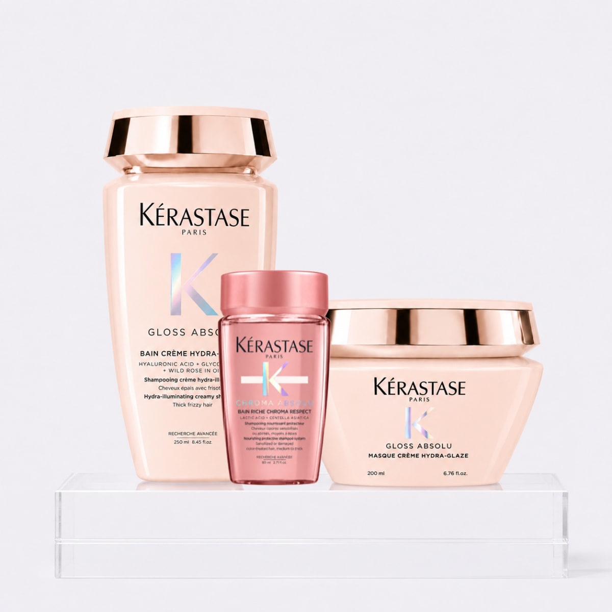 Kerastase gloss absolu antifrizz pack cabello grueso shampoo 250ml + Mascarilla 200ml + travel1