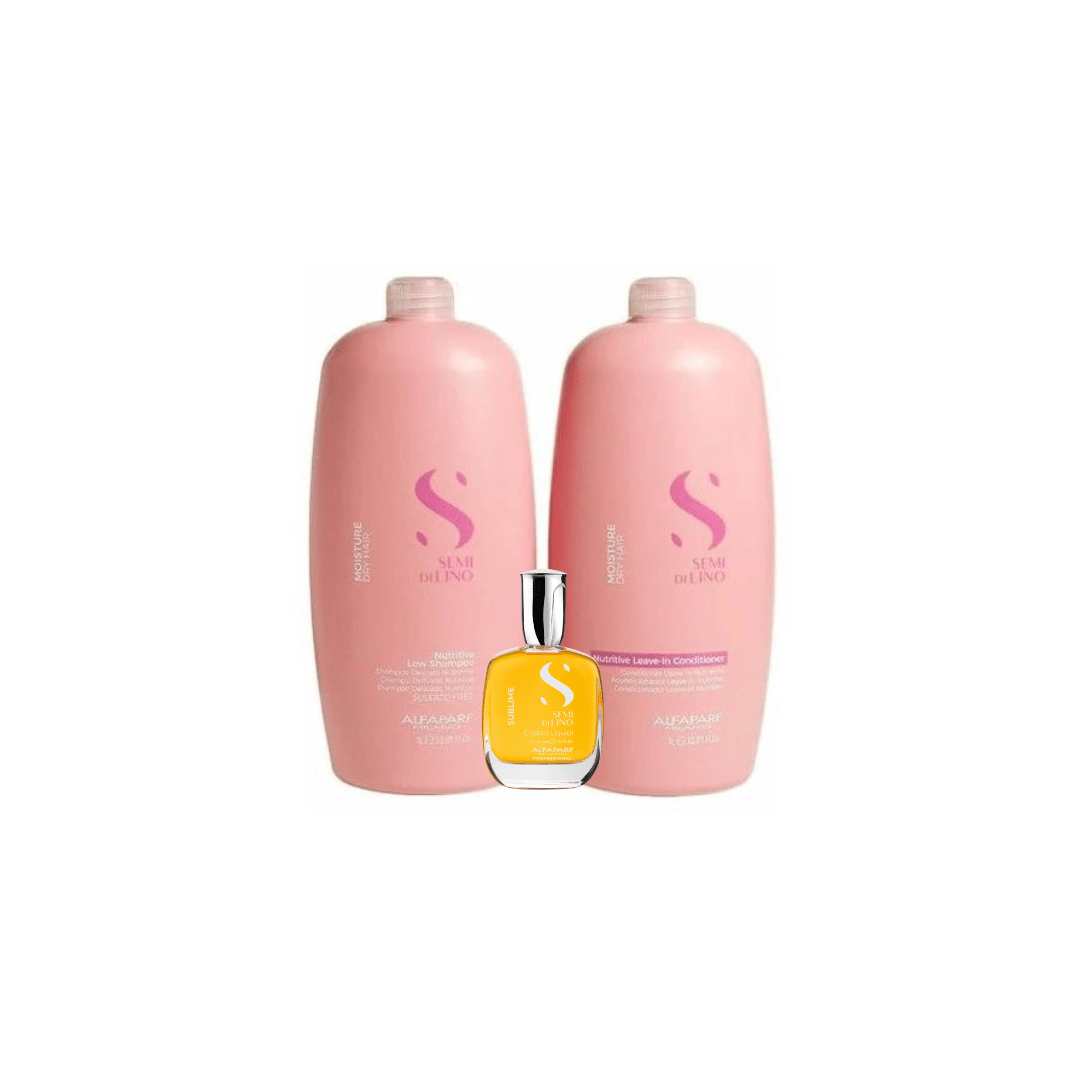 Alfaparf Milano Semi Di Lino Nutritive Pack Shampoo 1000 ml + Acondicionador 1000 ml + Cristalli Liquidi 30 ml Cabello Seco1