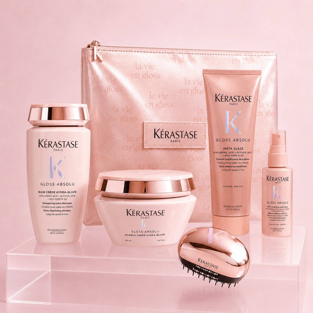 Kerastase Gloss Absolu Pack 2 Cabello con Frizz Shampoo 250 ml + Fondant 250 ml + Mascarilla 200 ml + Travel + Neceser1