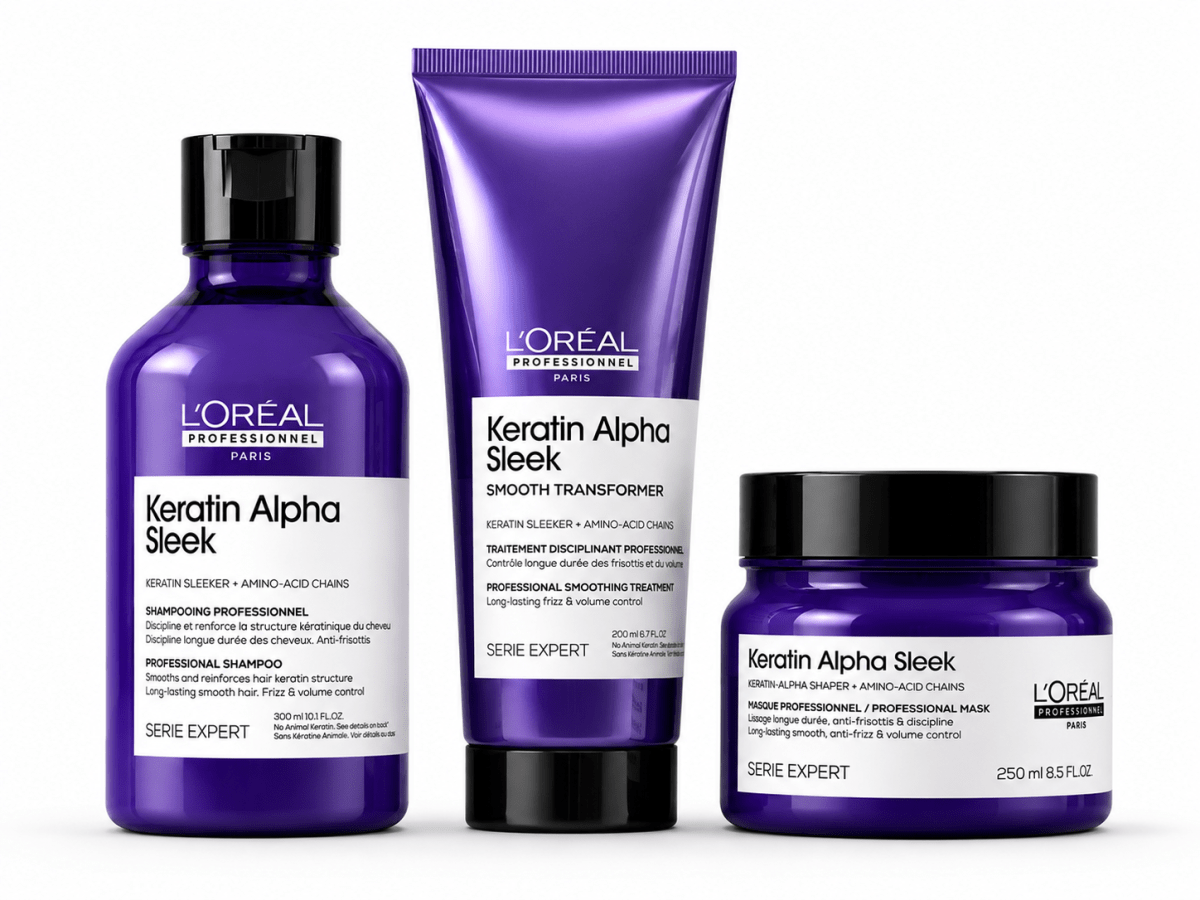 Pack Loreal Keratin Alpha Sleek Shampoo 300 ml + Mascarilla 250 ml + Smooth Transformer 200 ml1
