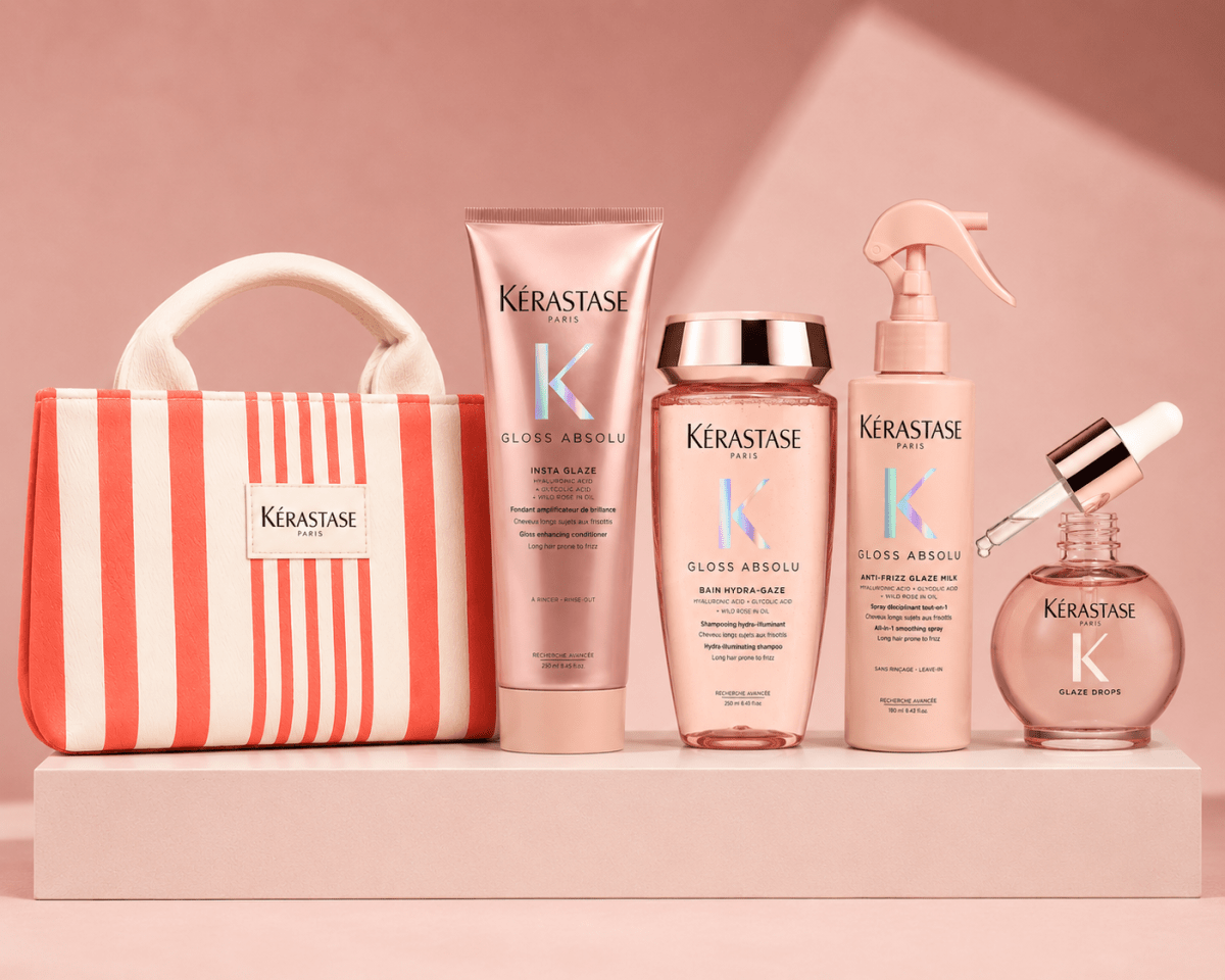 Kérastase Gloss Absolu pack shampoo 250 ml + acondicionador + glaze milk + drops + bolso1