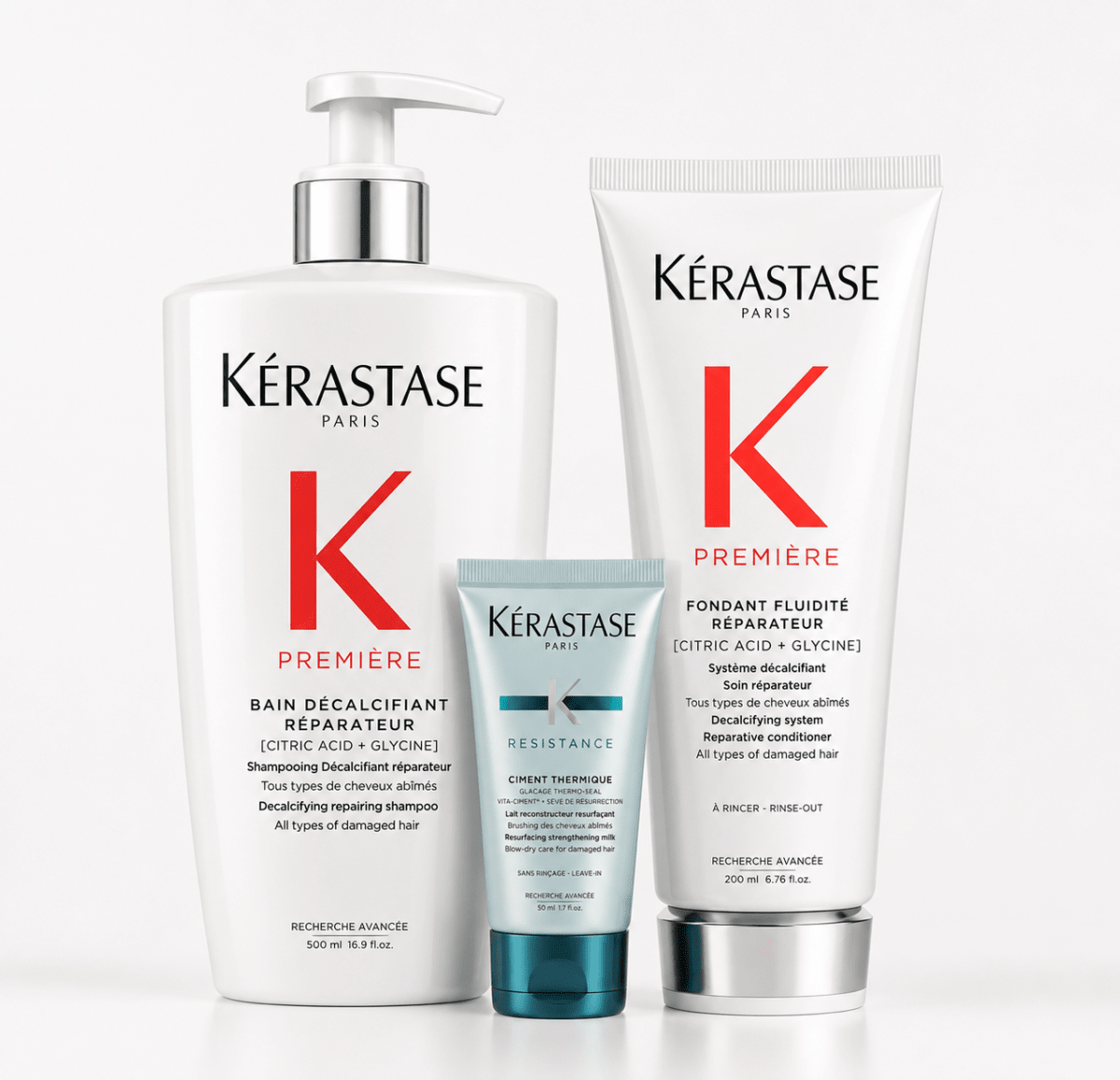 Pack Kerastase XL Premiere Bain Decalcifiant Reparateur 500 ml + Fondant Fluidite Reparateur 200 ml + Mini Talla de Regalo1