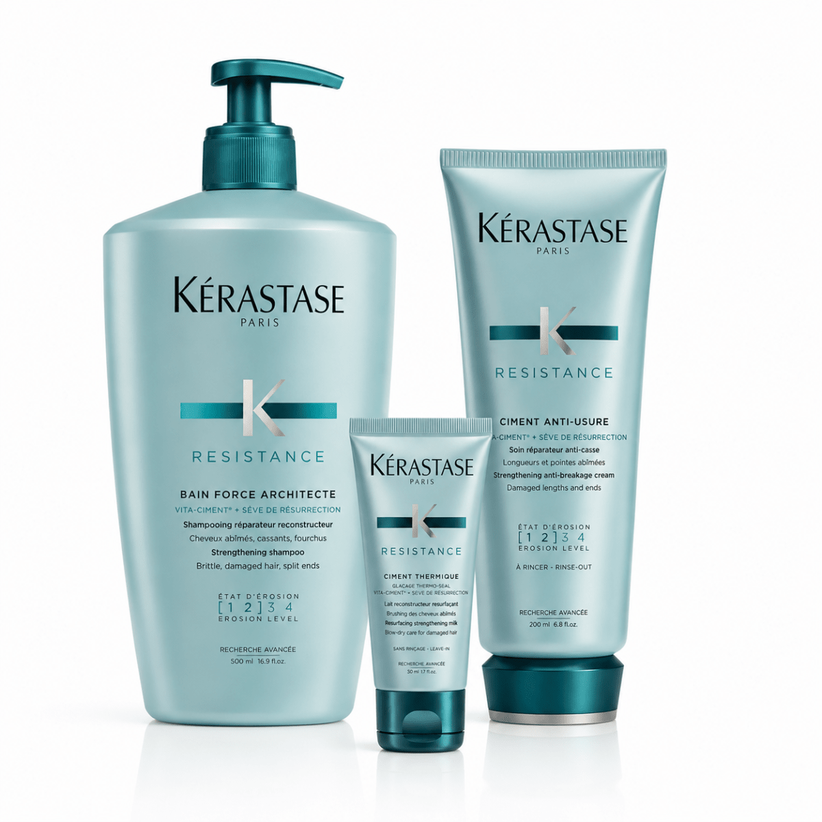 Pack Kerastase XL Resistance Bain Force Architecte 500 ml + Ciment Anti-Usure 200 ml + Mini Talla de Regalo1