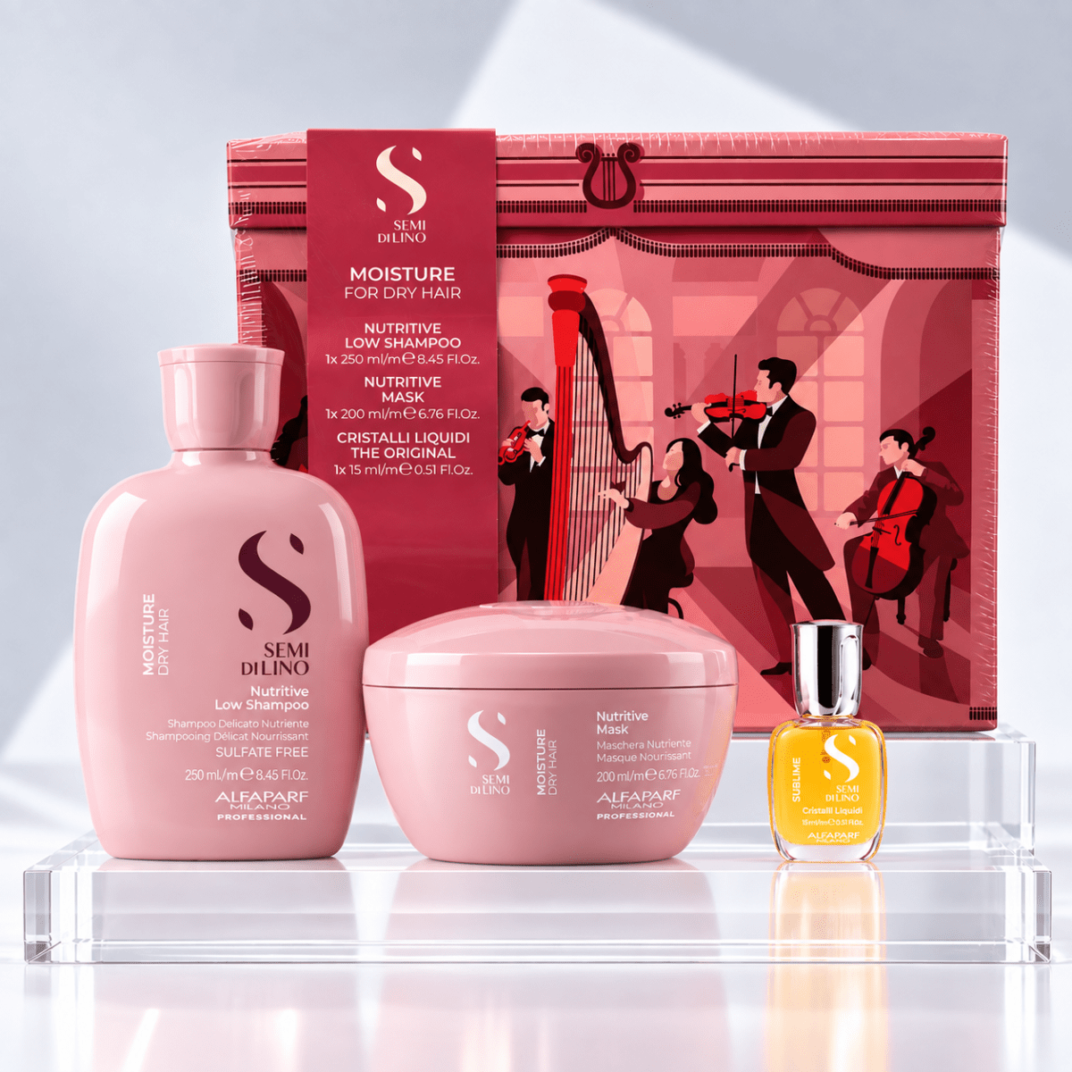Alfaparf Milano Semi Di Lino Moisture Pack Shampoo 250 ml + Mascarilla 200 ml + Cristalli Liquidi 15 ml1
