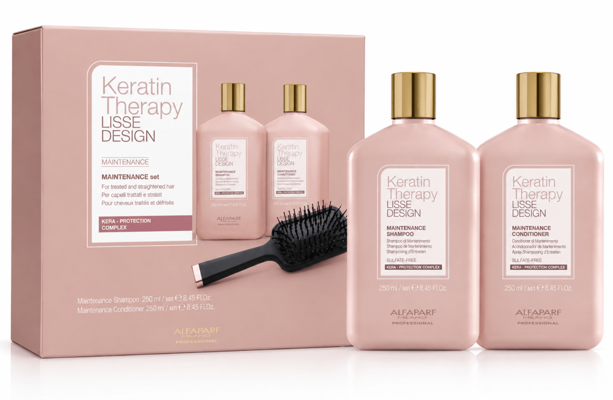 Pack Alfaparf Keratin Therapy Lisse Design Shampoo 250 ml + Acondicionador 250 ml + Cepillo1