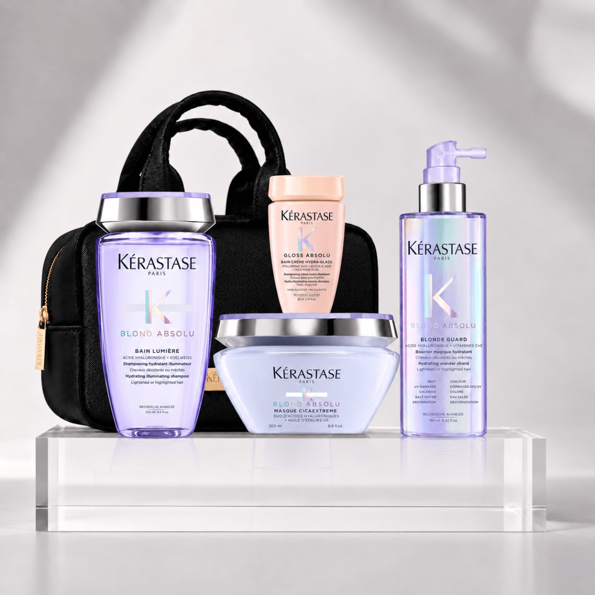 Kerastase Blond Absolu Pack Shampoo 250 ml + Mascarilla 200 ml + Blonde Guard 190 ml + Travel Size + Bolso1