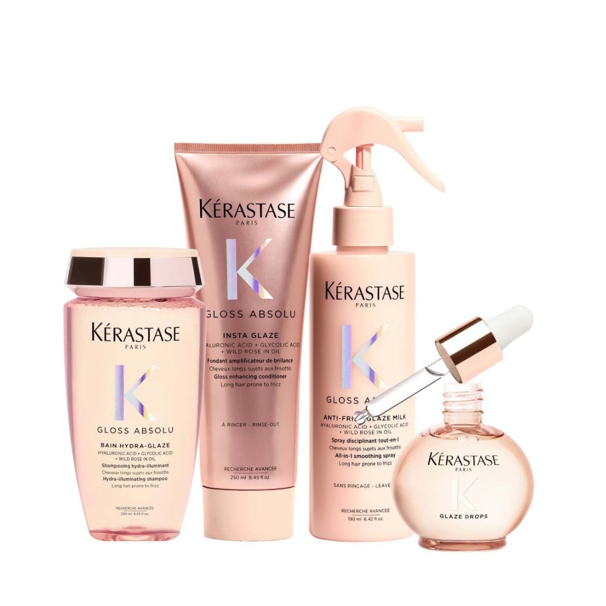Kerastase Gloss Absolu pack shampoo 250 ml + acondicionador 250ml + glaze milk 240ml + Glaze drops 45ml + Travel + Neceser2