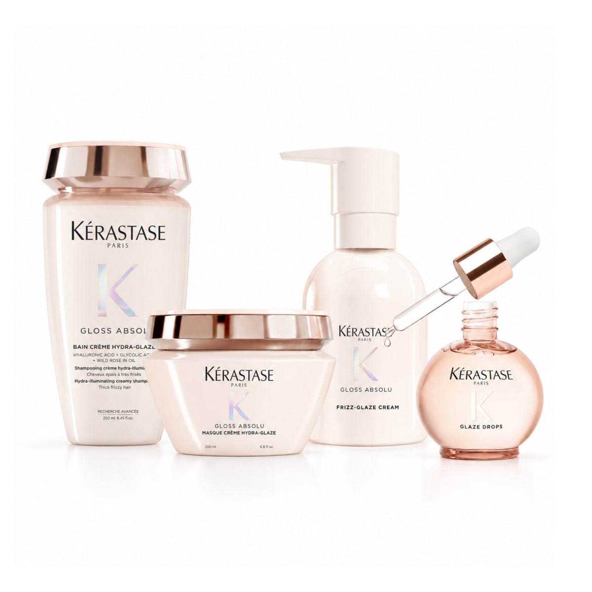 Kerastase Gloss Absolu Antifrizz Pack Shampoo 250ml + Mascarilla 200ml + Crema de Peinar 240ml + Glaze Drops + Travel + Cepillo2
