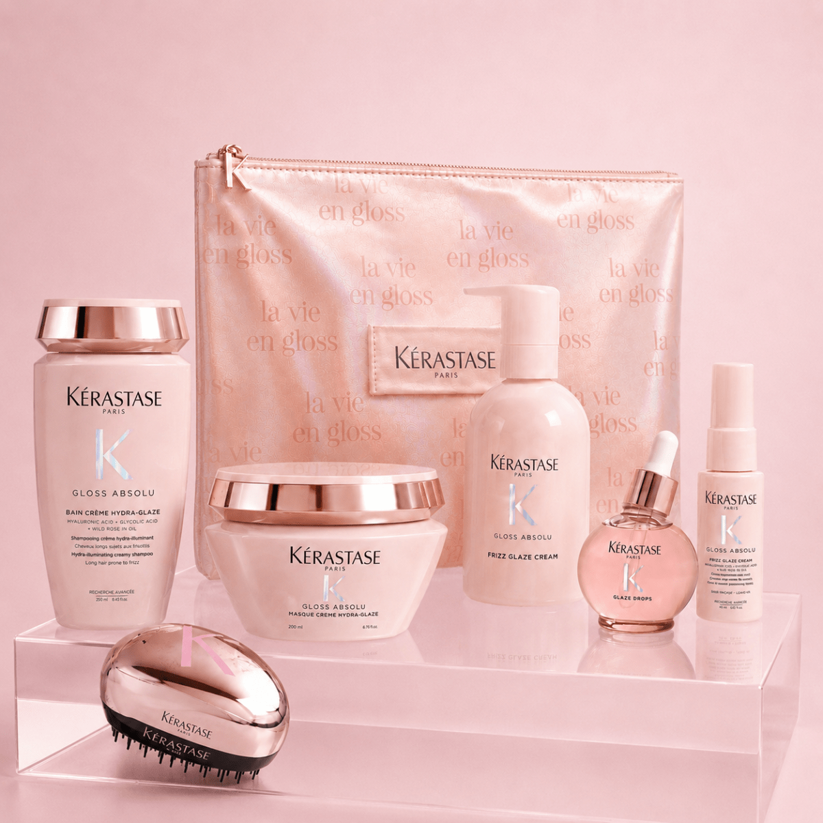 Kerastase Gloss Absolu Antifrizz Pack Shampoo 250ml + Mascarilla 200ml + Crema de Peinar 240ml + Glaze Drops + Travel + Cepillo1