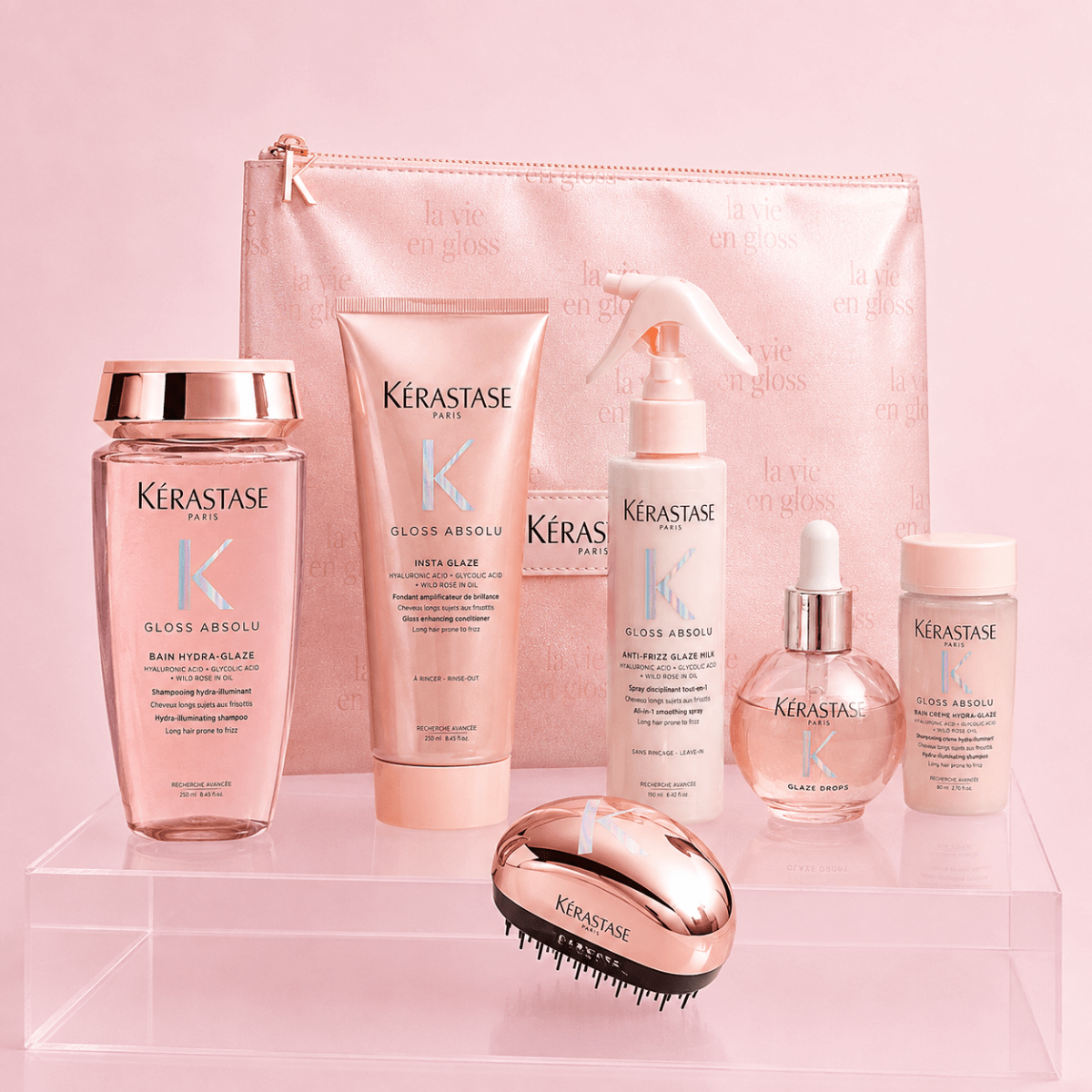 Kerastase Gloss Absolu pack shampoo 250 ml + acondicionador 250ml + glaze milk 240ml + Glaze drops 45ml + Travel + Neceser1
