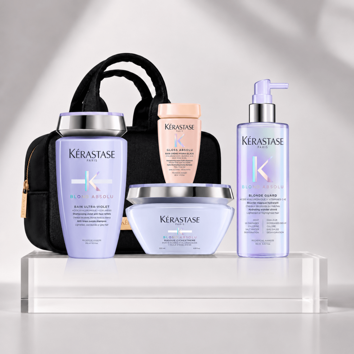 Kerastase Blond Absolu Antiamarillo Pack Shampoo 250 ml + Mascarilla 200 ml + Blonde Guard 190 ml + Travel Size + Bolso1