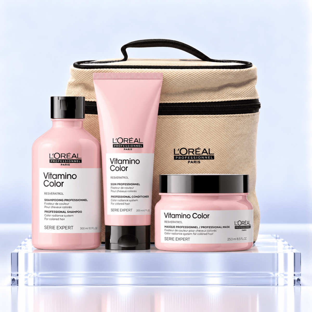 Pack L’Oreal Professionnel Vitamino Color – Shampoo, Acondicionador, Mascarilla + Neceser de Regalo1