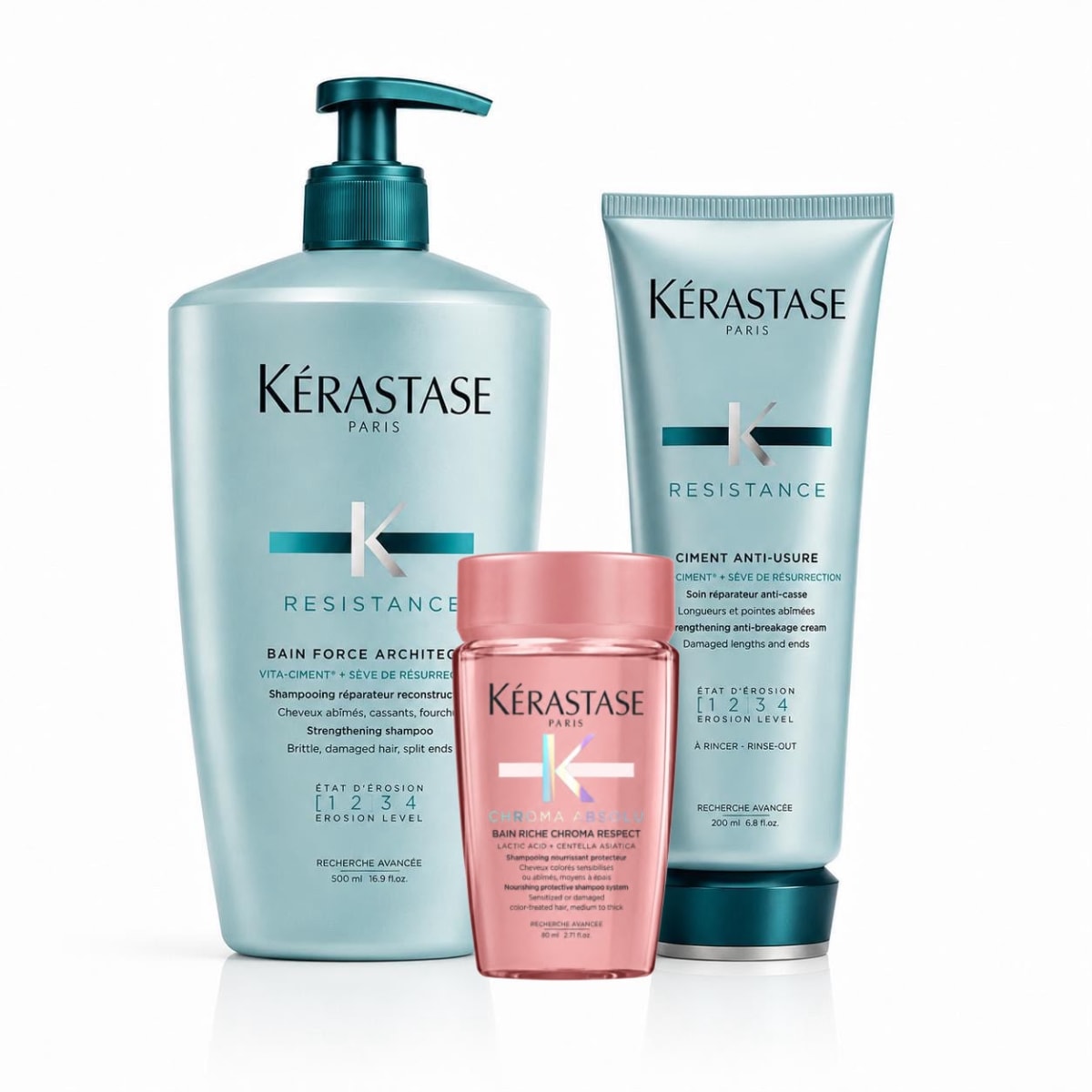 Kerastase Resistance pack XL Bain Force Architecte 500 ml + Ciment Anti-Usure 200 ml + Mini Talla de Regalo1
