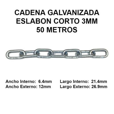 Cadena Galvanizada 3mm Eslabon Corto 50 Metros OKB