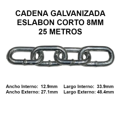 Cadena Galvanizada 8mm Eslabon Corto 25 Metros OKB