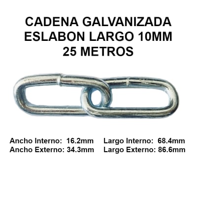 Cadena Galvanizada 10mm Eslabon Largo 25 Metros OKB
