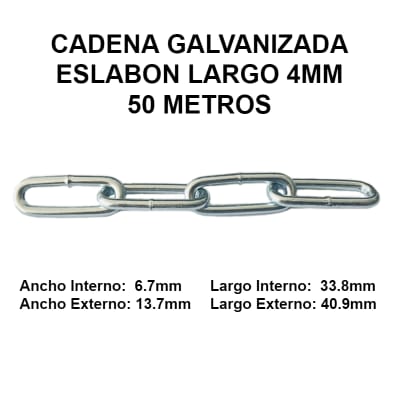 Cadena Galvanizada 4mm Eslabon Largo 50 Metros OKB