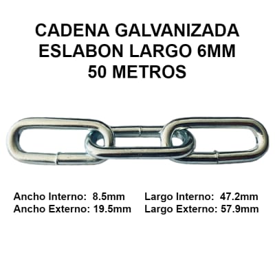 Cadena Galvanizada 6mm Eslabon Largo 50 Metros OKB