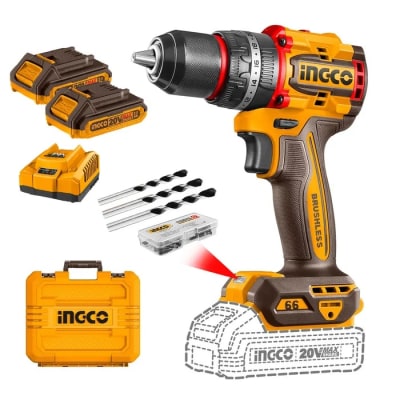 Taladro Percutor 13mm 20v + 2 Baterías 2AH + Cargador INGCO