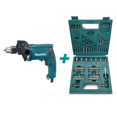 Taladro Percutor Makita 13mm 710w HP1630 + Set 60 Pzas E-11829