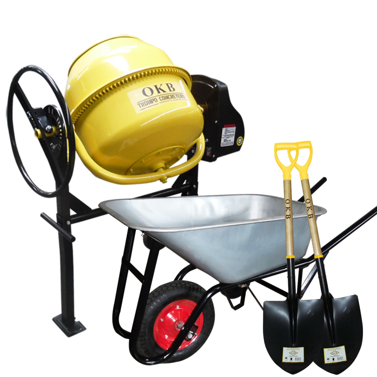 Betonera 140 + Carretilla Compensada 90 Litros + 2 Palas Asa Amarilla OKB1