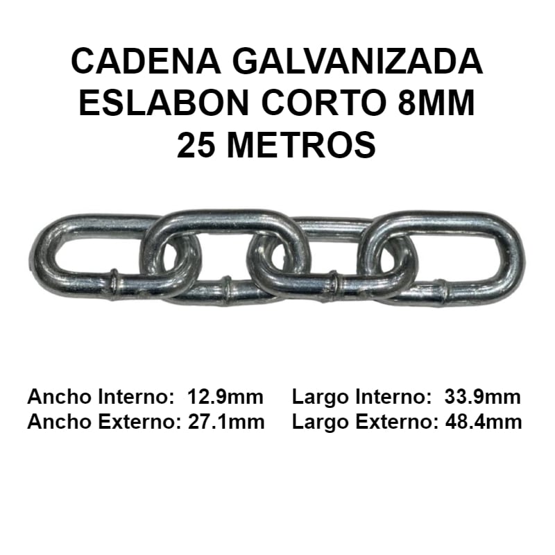 Cadena Galvanizada 8mm Eslabon Corto 25 Metros OKB1