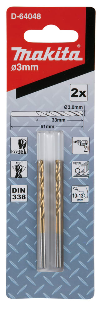 Broca Metal 3mm HSS-TIN 2 Piezas 3×61(33) MAKITA2