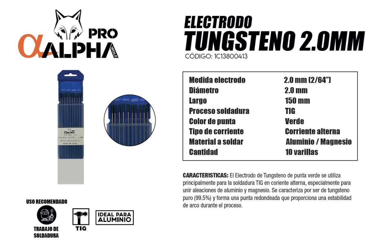 Electrodo Tungsteno 2.0mm 150mm para TIG Punto Verde 10 Unidades ALPHA2