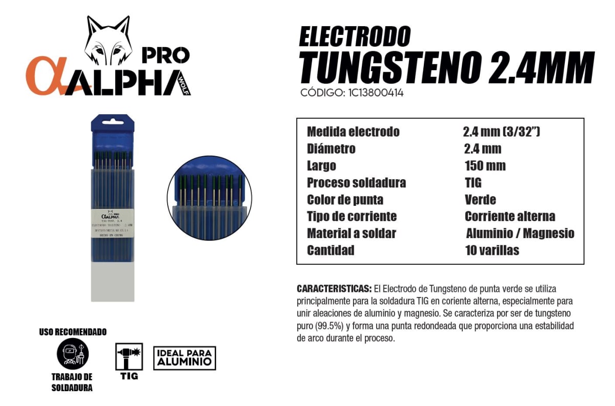 Electrodo Tungsteno 2.4mm 150mm para TIG Punto Verde 10 Unidades ALPHA2