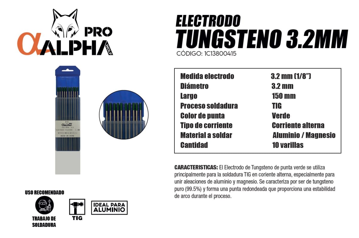Electrodo Tungsteno 3.2mm 150mm para TIG Punto Verde 10 Unidades ALPHA2