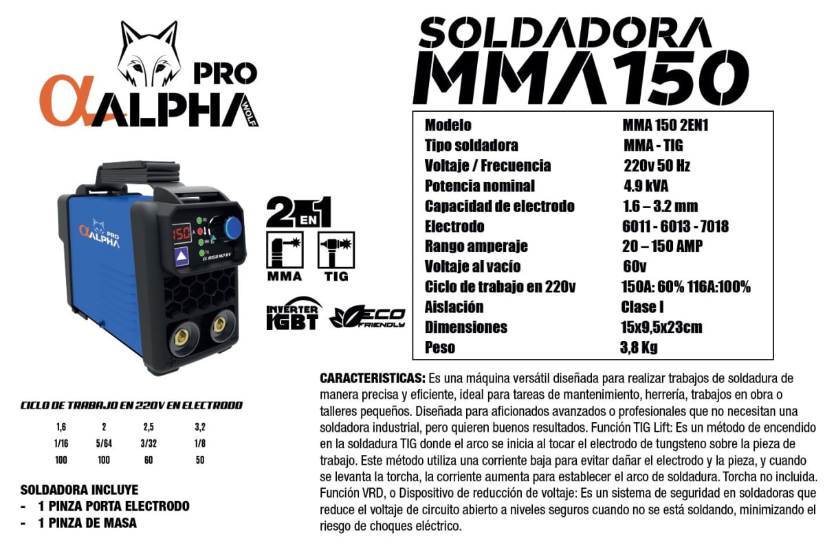 Soldadora Inverter MMA 150 Amp (+ TIG LIFT) ALPHA2