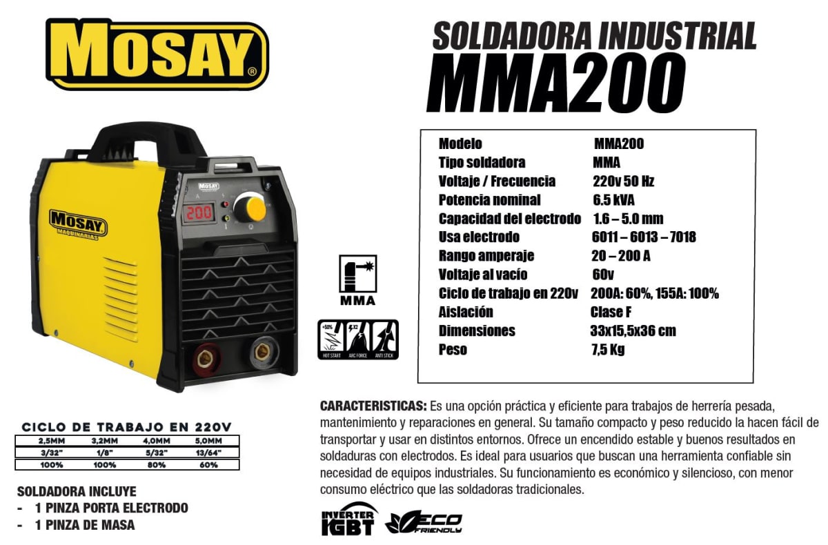 Soldadora Inverter 200 amp MMA Profesional MOSAY3