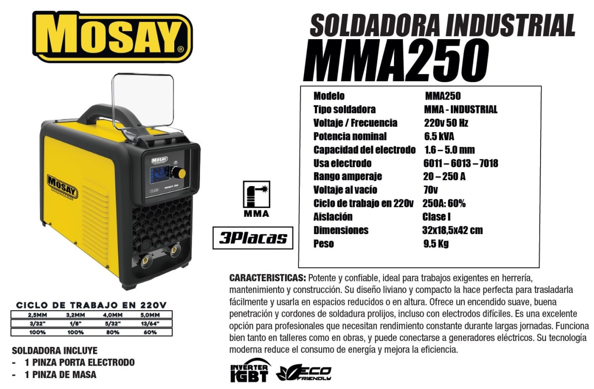 Soldadora Inverter 250 Amp MMA Industrial MOSAY3