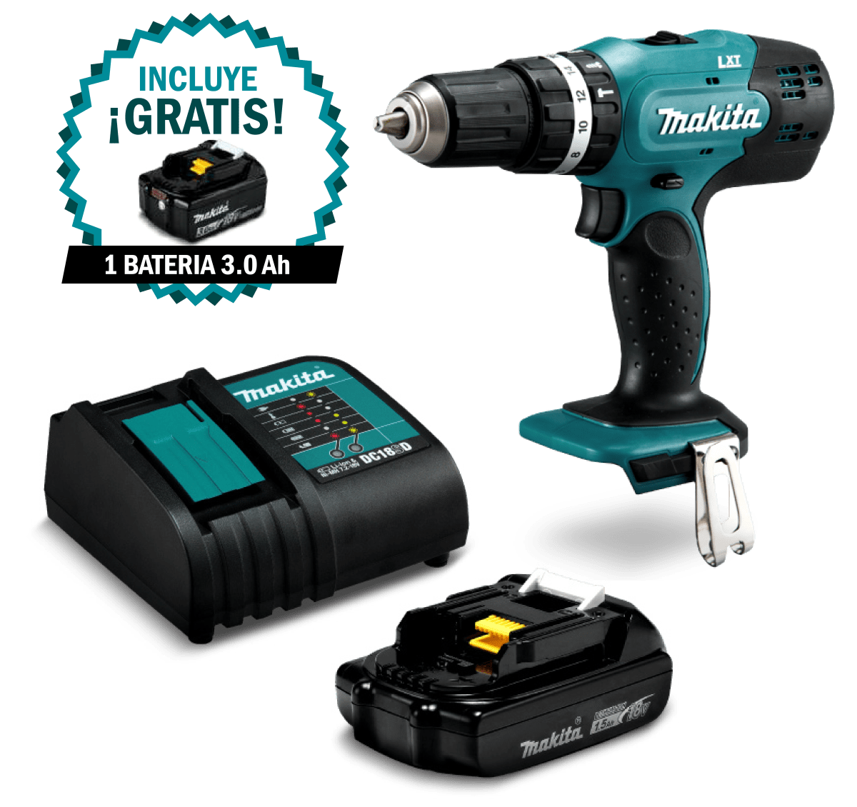 Taladro Percutor MAKITA 18v + Bateria 18v 1.5Ah + Cargador DHP453X10-11