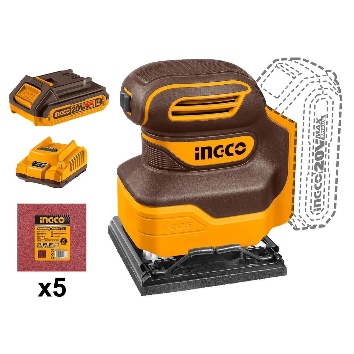 Lijadora Inalambrica 20v 110x100mm + Bateria 2ah y Cargador Industrial INGCO CSHSLI201411