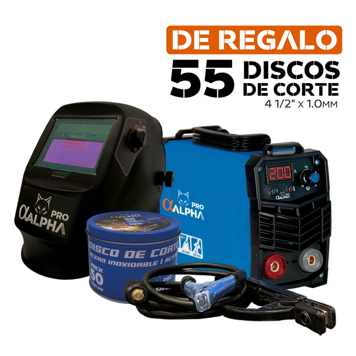 Pack Soldadora 200 Amp + Mascara + 55 Discos de Corte 4 1/2