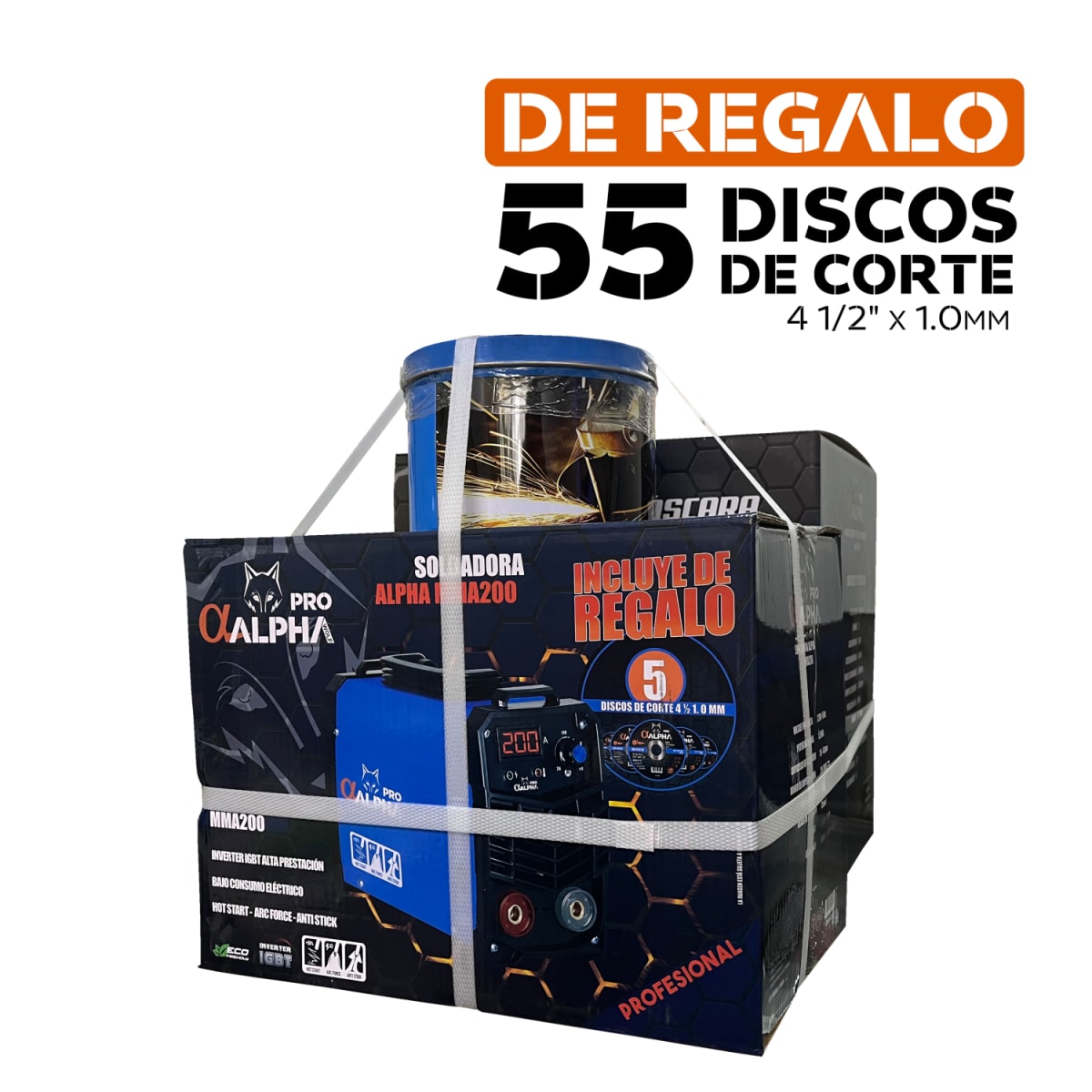 Pack Soldadora 200 Amp + Mascara + 55 Discos de Corte 4 1/2