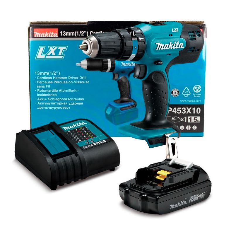 Taladro Percutor MAKITA 18v + Bateria 18v 1.5Ah + Cargador DHP453X10-12