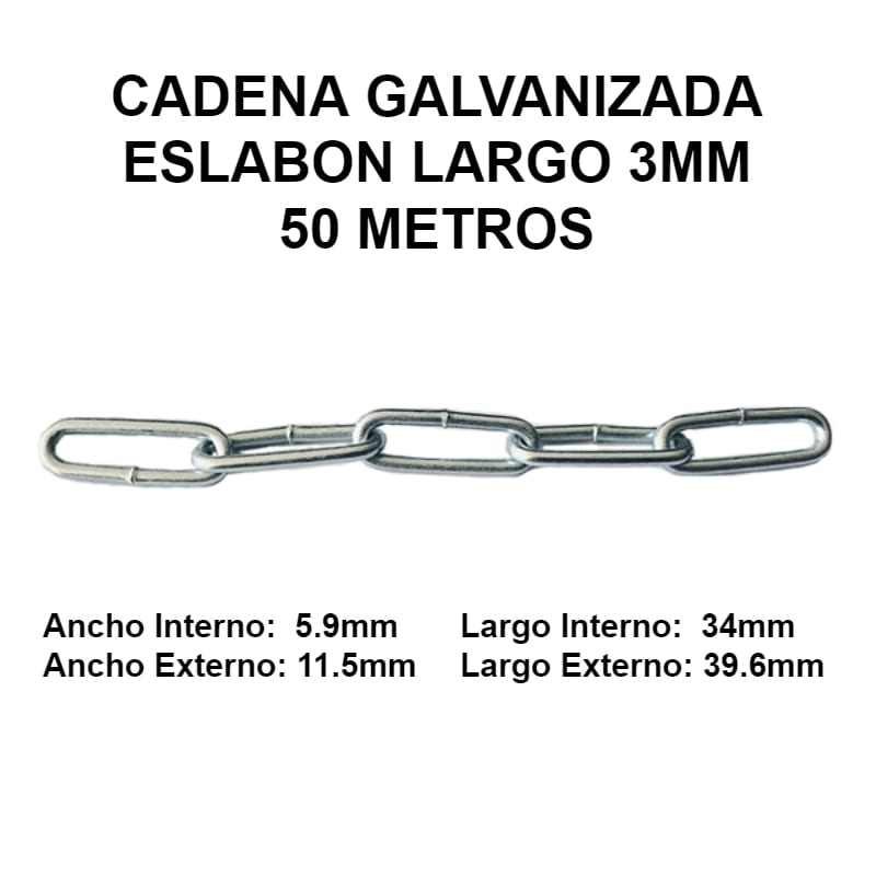 Cadena Galvanizada 3mm Eslabon Largo 50 Metros OKB 3MM