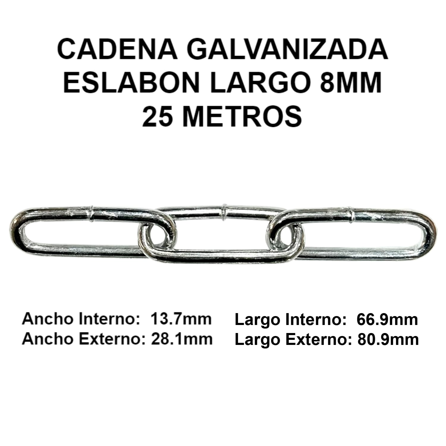 Cadena Galvanizada 8mm Eslabon Largo 25 Metros OKB 8MM