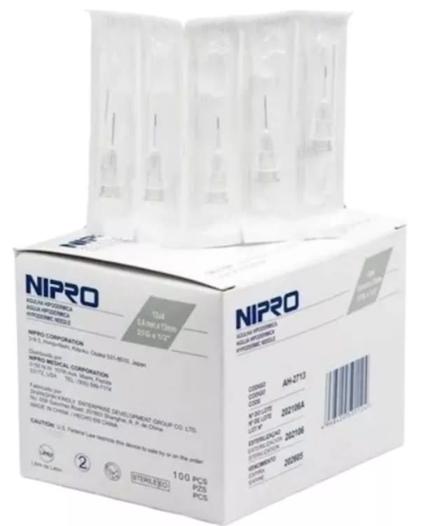 Aguja Hipodérmica 27G x 1/2, Nipro Caja x 100 Unidades1