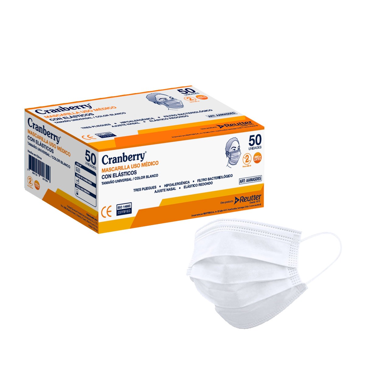 Mascarilla 3 pliegues con elástico tipo IIR uso médico con BFE 98% Caja x 50 unidades1