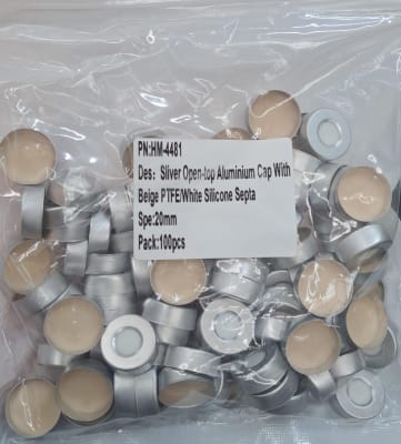 TAPA DE ALUMINIO PLATEADA DE PARTE SUPERIOR ABIERTA CON SEPTA DE PTFE BEIGE/SILICONA BLANCA DE 20 MM PK/100 (INC IGV)